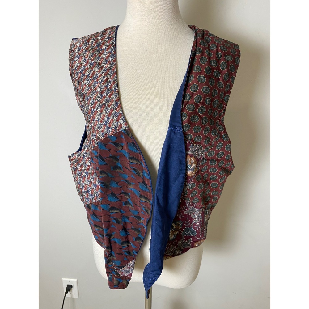 Vintage 70s Handmade Patchwork Vest Boho Eclectic Multi Pattern Burgundy Blue